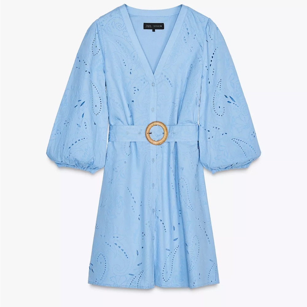 Zara Embroidered Belted Dress Sky Blue
